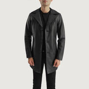 Brawnton Schwarz Ledermantel für Herren in Black Cowhide Leather - Vorderansicht &amp; maßgeschneiderte Silhouette | Online Kaufen