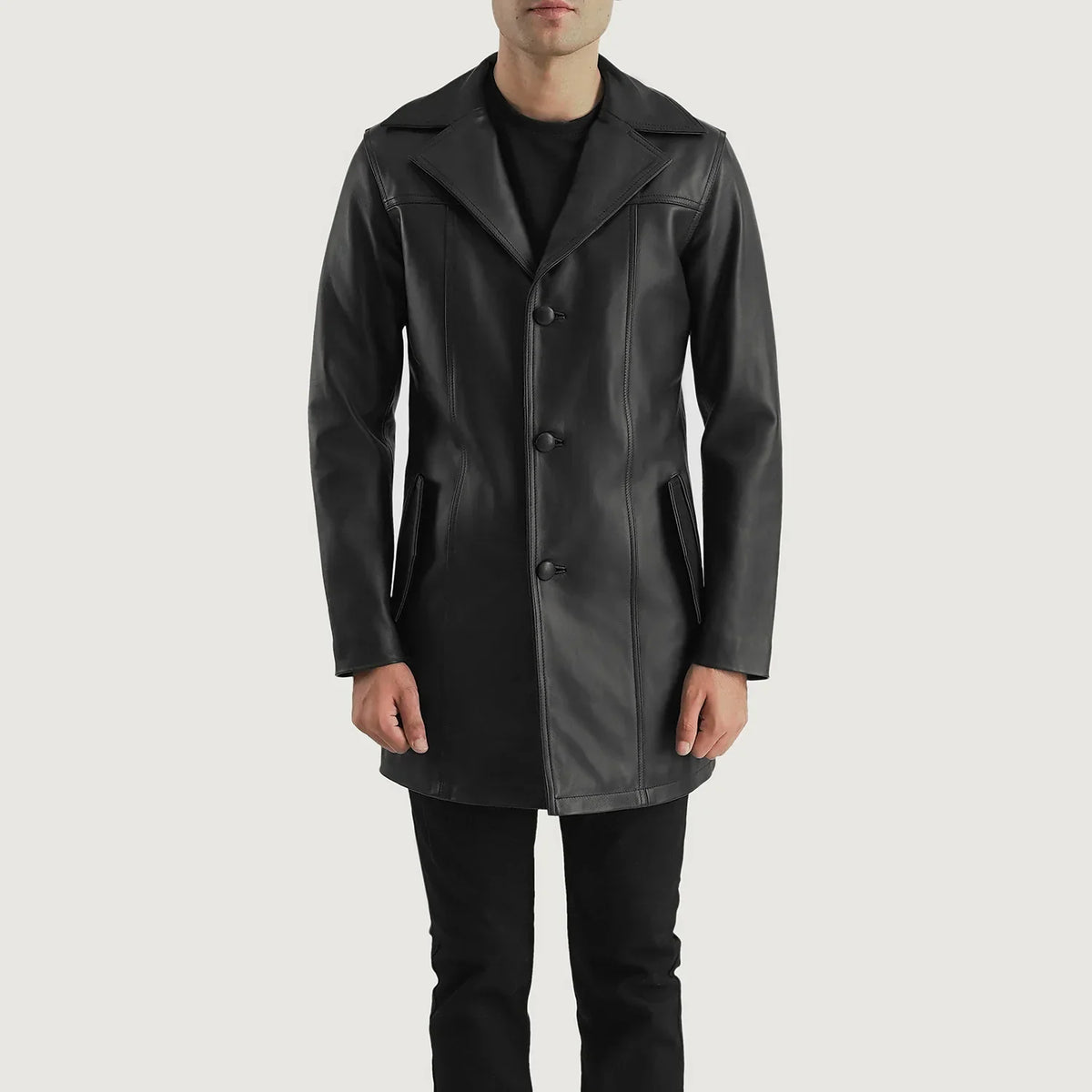 Detailansicht of Notch &amp; Button Hardware on Brawnton Schwarz Ledermantel für Herren