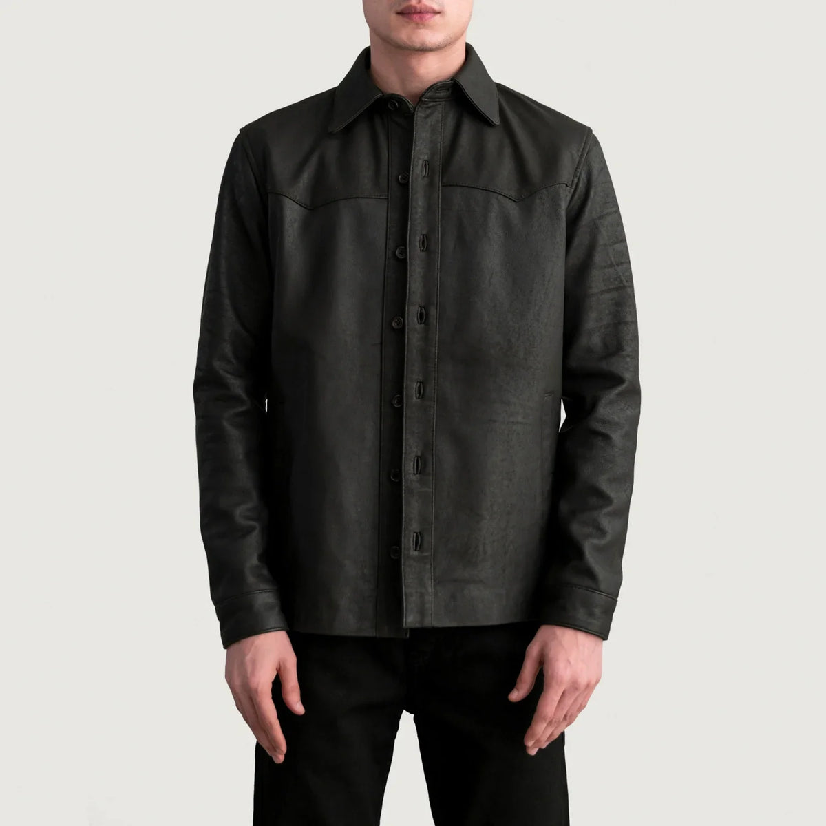 Bronco Tumbled Braun Leather Shirt für Herren in Tumbled Brown Sheepskin Leather - Vorderansicht &amp; maßgeschneiderte Silhouette | Online Kaufen