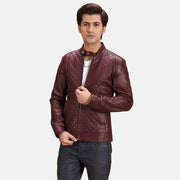 
Burgunn Dee Kastanienbraun Leder-Bikerjacke für Herren in Maroon Sheepskin Leather - Vorderansicht & maßgeschneiderte Silhouette | Online Kaufen