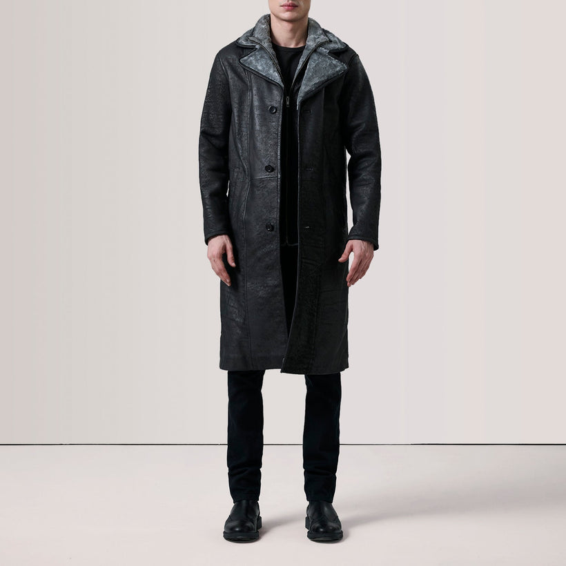 Cai Distressed Schwarz Leather Shearling Ledermantel für Herren