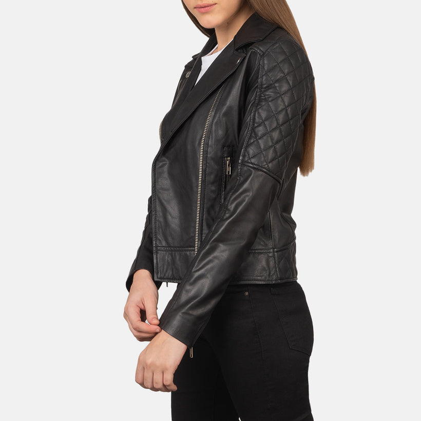 Carolyn Gesteppt Schwarz Leder-Bikerjacke für Damen