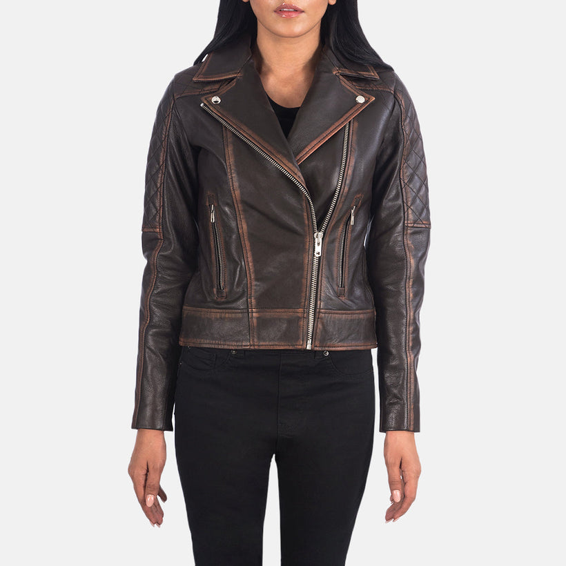 Carolyn Gesteppt Vintage Braun Leder-Bikerjacke für Damen