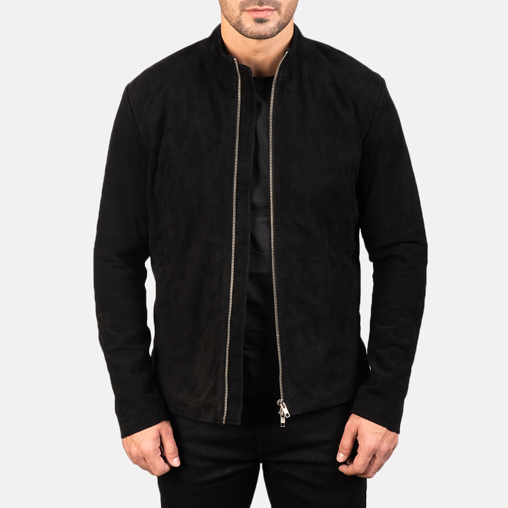 Men's Charcoal Schwarz Suede Leder-Bikerjacke für Herren in Black Goatskin Suede - Vorderansicht &amp; maßgeschneiderte Silhouette | Online Kaufen