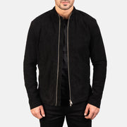 Men's Charcoal Schwarz Suede Leder-Bikerjacke für Herren in Black Goatskin Suede - Vorderansicht &amp; maßgeschneiderte Silhouette | Online Kaufen