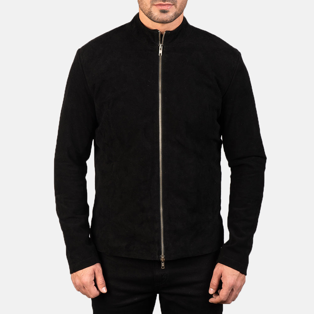 Detailansicht of Mandarin &amp; Zipper with Dual Puller Hardware on Men's Charcoal Schwarz Suede Leder-Bikerjacke für Herren
