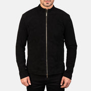 Detailansicht of Mandarin &amp; Zipper with Dual Puller Hardware on Men's Charcoal Schwarz Suede Leder-Bikerjacke für Herren