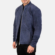 
Navy Blue Goatskin Suede Biker Jacket - Rückansicht mit passgenauen Schultern & sauberem Saum