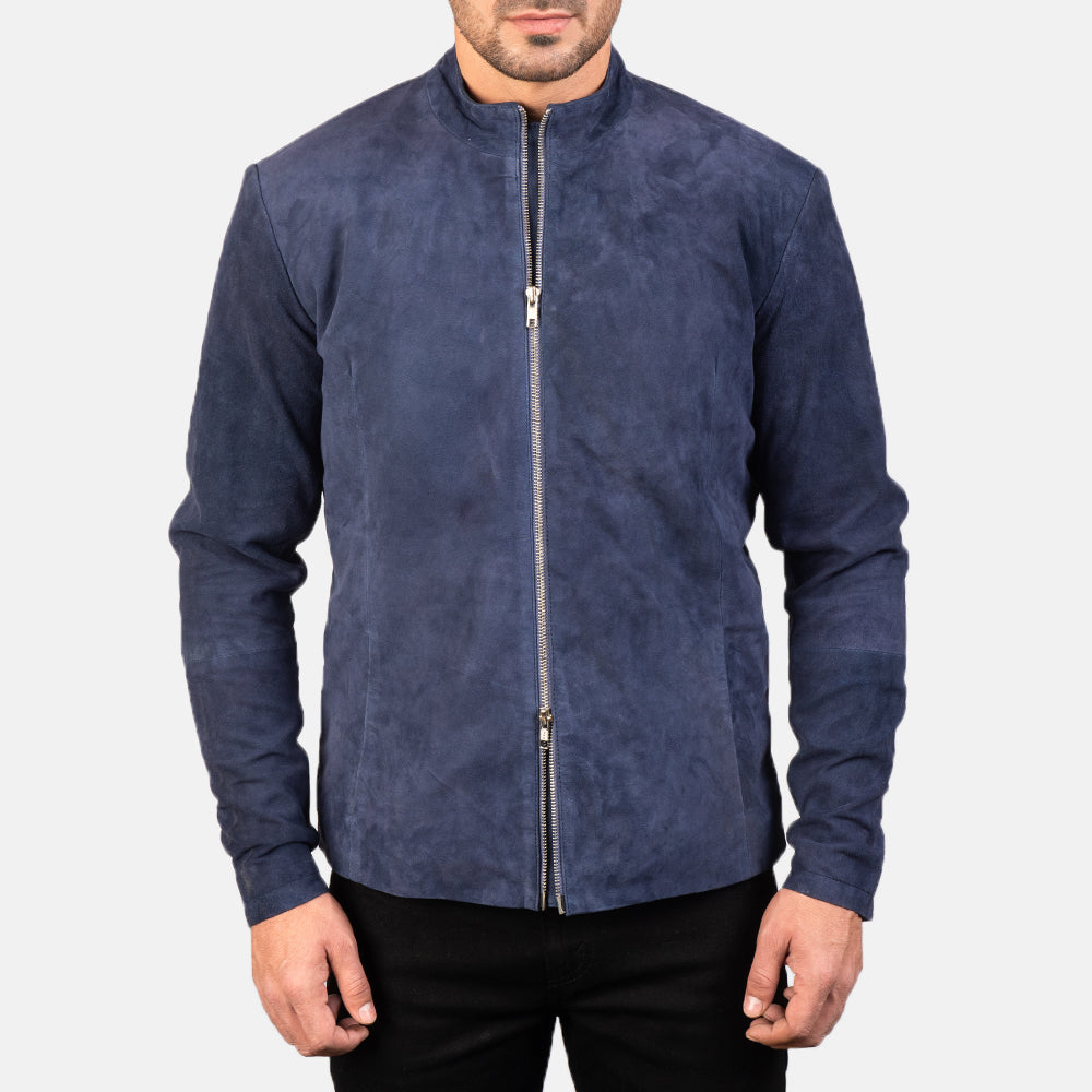 
Detailansicht of Mandarin & Zipper with Dual Puller Hardware on Charcoal Navy Blau Suede Leder-Bikerjacke für Herren