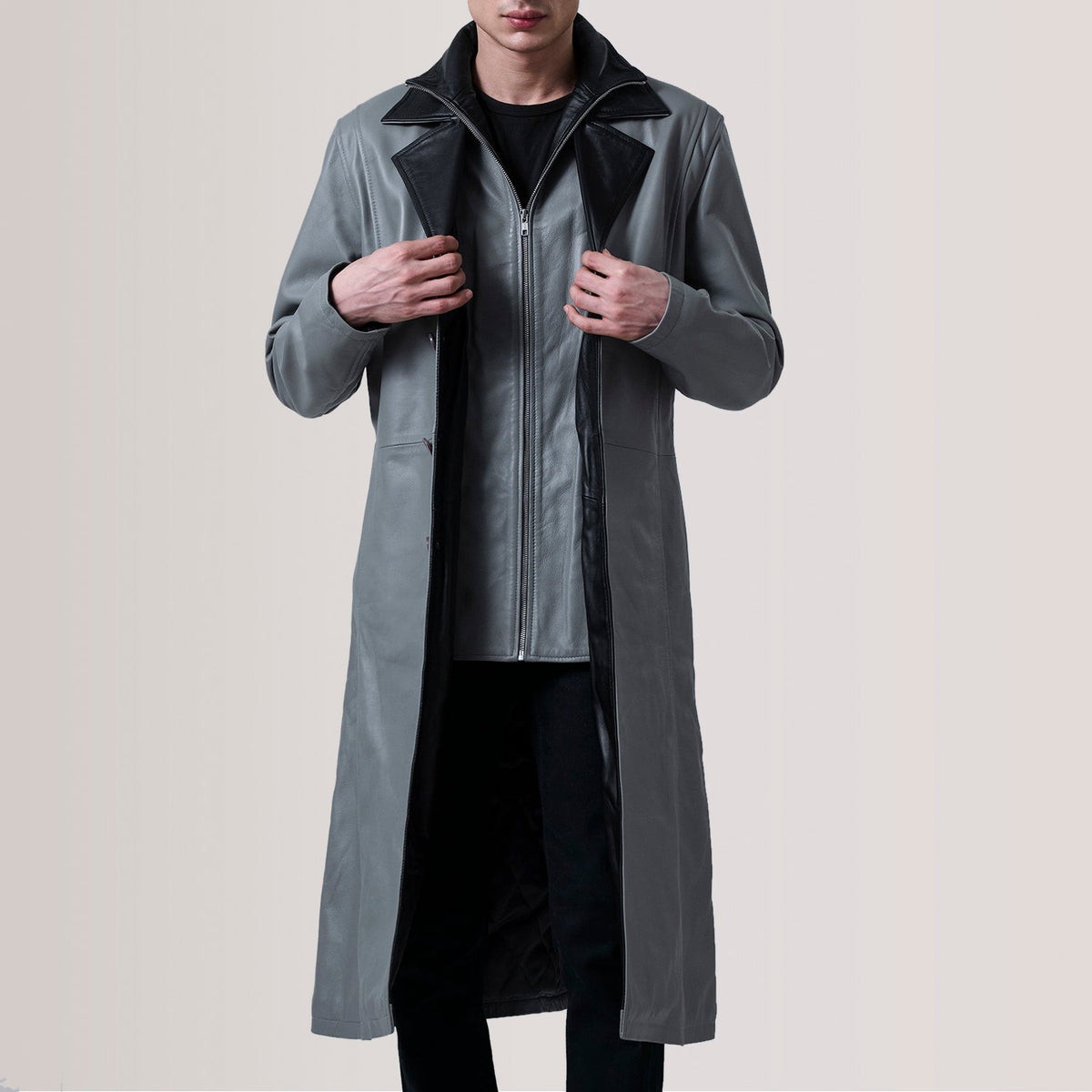 
Charlton Grau Leather Single Breasted Ledermantel für Herren For Men in Grey Sheepskin Leather - Vorderansicht & maßgeschneiderte Silhouette | Online Kaufen