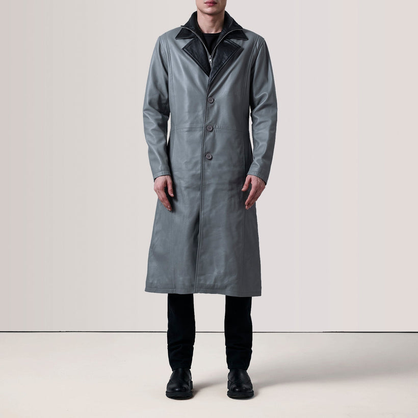 Grey Sheepskin leather Coat - Back View Showing Tailored Shoulder Fit & Clean Hemline