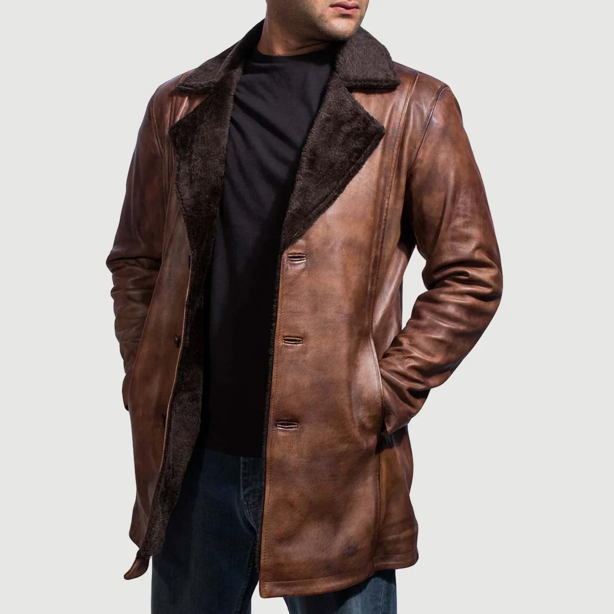 
Distressed Brown Sheepskin Burnishing Winter Jacket - Rückansicht mit passgenauen Schultern & sauberem Saum