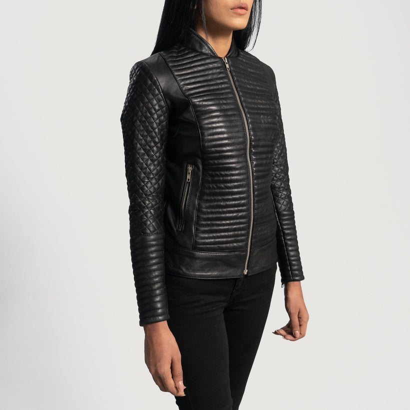 Cityscape Schwarz Leder-Bikerjacke für Damen