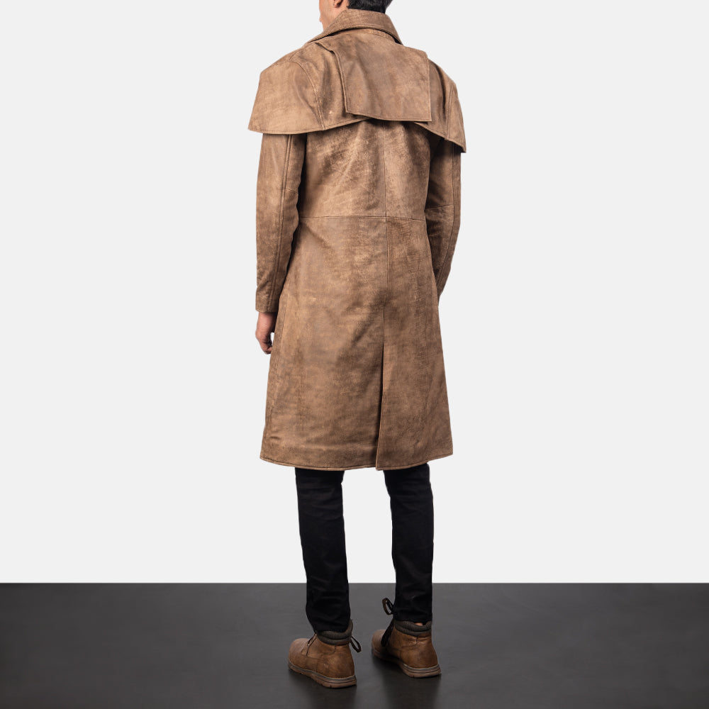 
Classic Braun Leather Duster für Herren - Seitenansicht mit ergonomischem Ärmelschnitt & sportlicher Passform