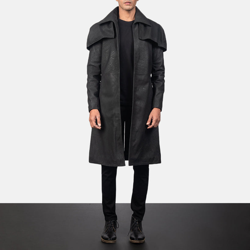 Classic Distressed Schwarz Leather Duster für Herren