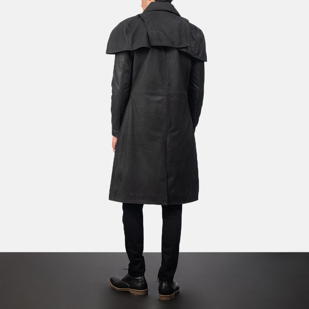 Men's Classic Distressed Schwarz Leather Duster für Herren - Seitenansicht mit ergonomischem Ärmelschnitt
