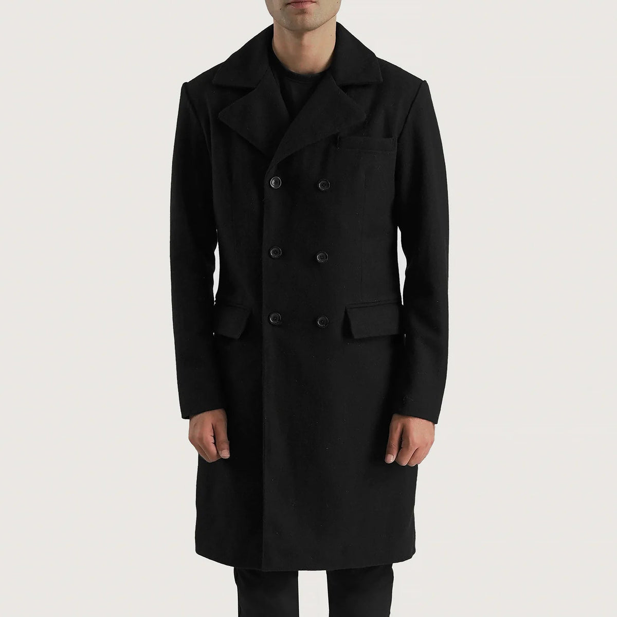 
Claud Schwarz Wool Double-Breasted Ledermantel für Herren - Vorderansicht & maßgeschneiderte Silhouette | Online Kaufen