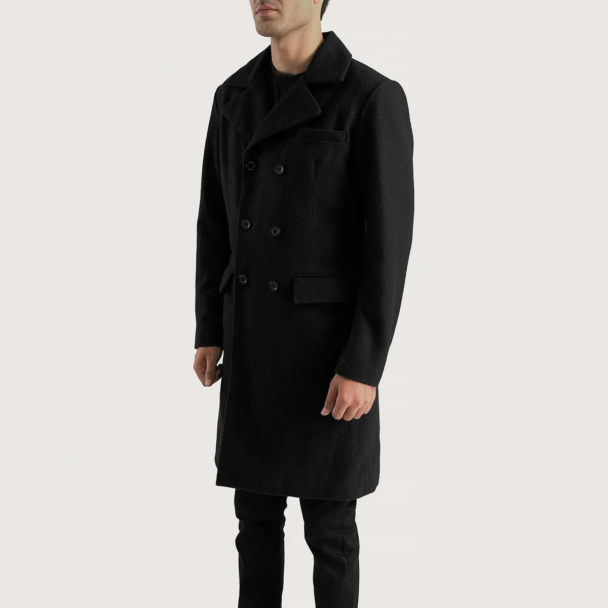 
Claud Schwarz Wool Double-Breasted Ledermantel für Herren - Rückansicht mit passgenauen Schultern & sauberem Saum