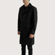 
Claud Schwarz Wool Double-Breasted Ledermantel für Herren - Rückansicht mit passgenauen Schultern & sauberem Saum