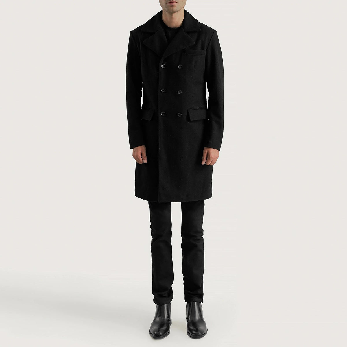 
Claud Schwarz Wool Double-Breasted Ledermantel für Herren - Seitenansicht mit ergonomischem Ärmelschnitt & sportlicher Passform
