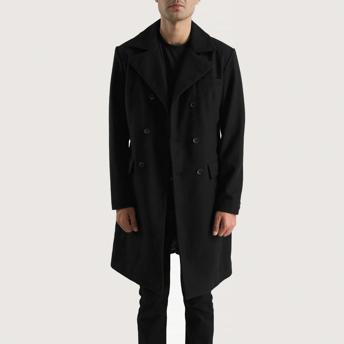 
Detailansicht of Notch & Button Hardware on Claud Black Wool Double Breasted Coat