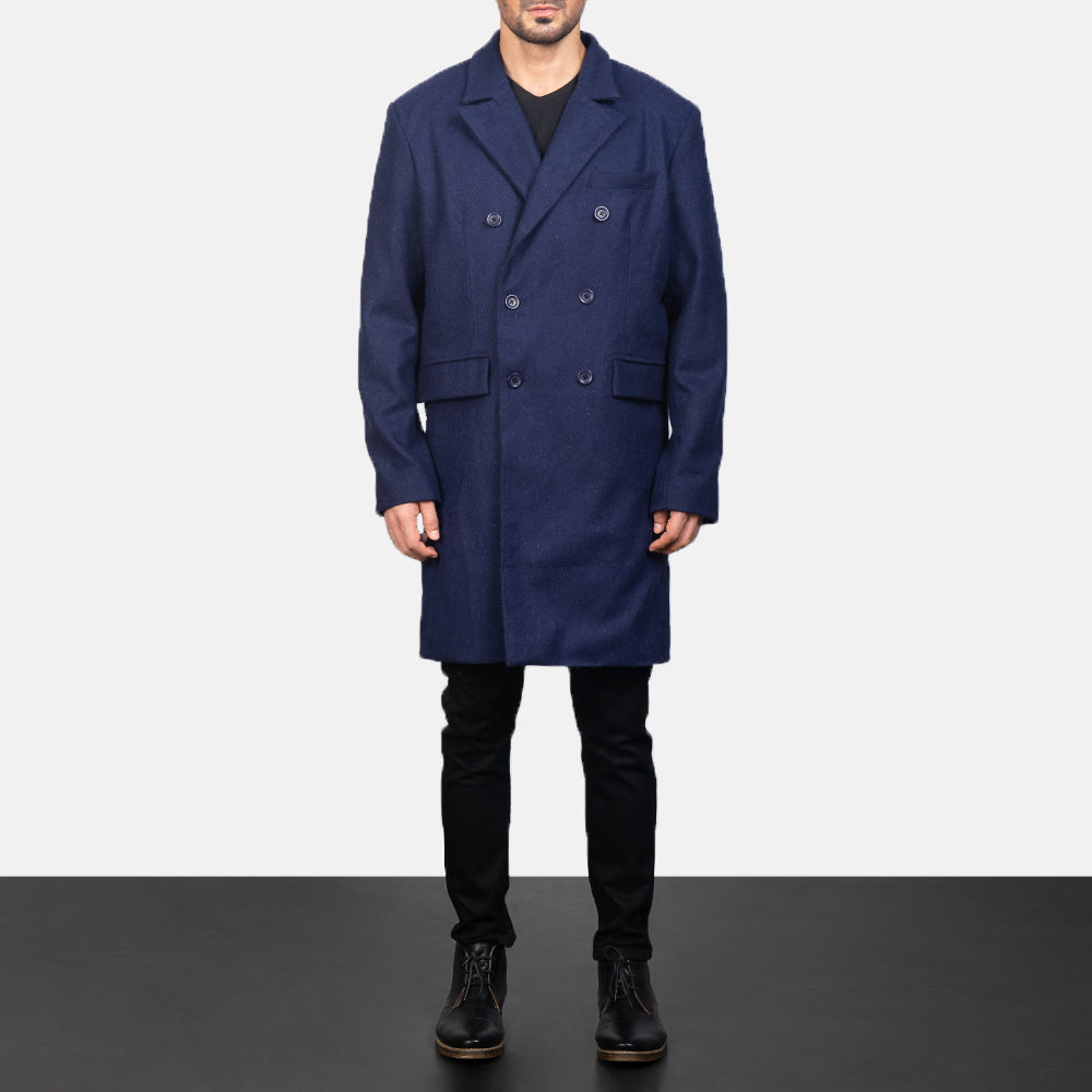 Men's Blue Wool Double Breasted Coat - Seitenansicht mit ergonomischem Ärmelschnitt