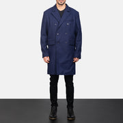 Men's Blue Wool Double Breasted Coat - Seitenansicht mit ergonomischem Ärmelschnitt