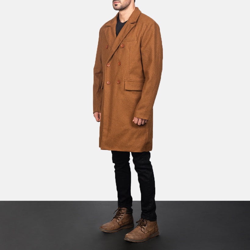 Claud Khaki Wool Double-Breasted Ledermantel für Herren