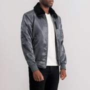 Grey Satin Bomber Jacket - Rückansicht mit passgenauen Schultern &amp; sauberem Saum