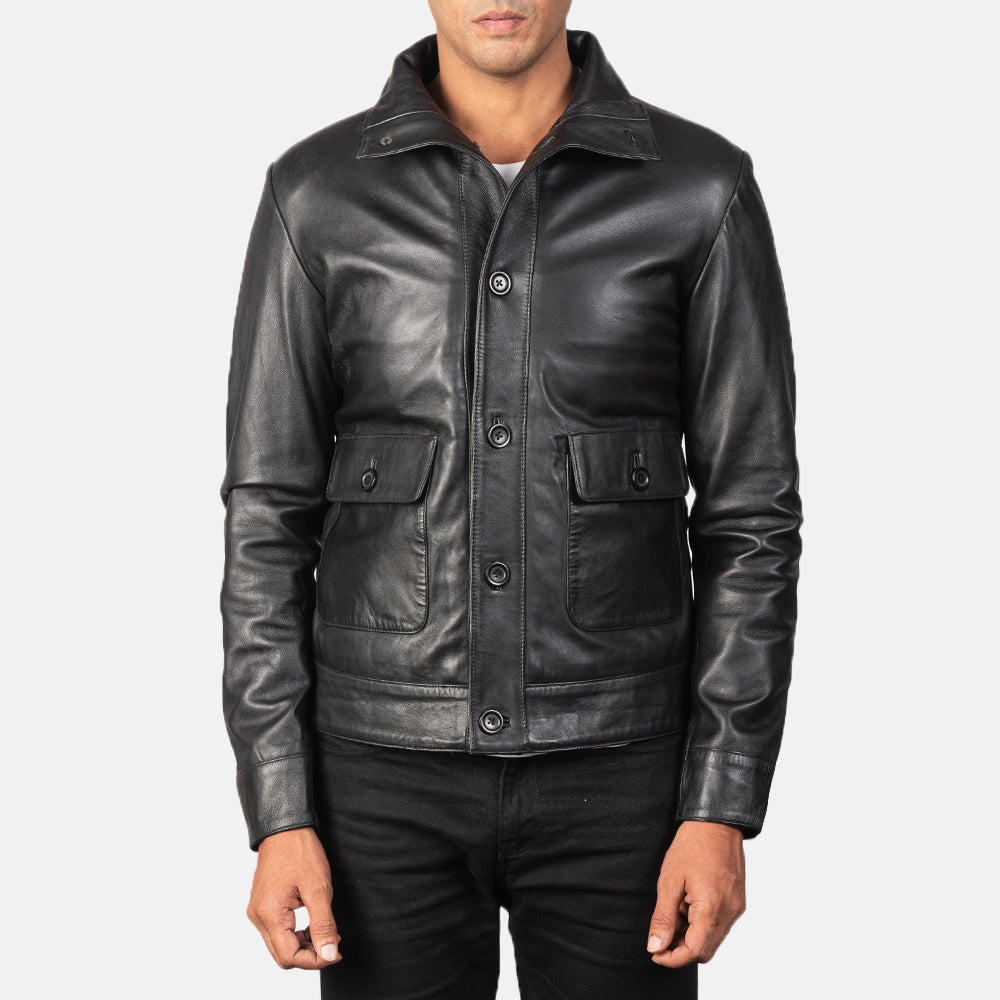 Norman Black Hooded Bomber Leather Puffer Jacket in Blue Sheepskin Leather - Vorderansicht &amp; maßgeschneiderte Silhouette | Online Kaufen