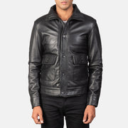 Norman Black Hooded Bomber Leather Puffer Jacket in Blue Sheepskin Leather - Vorderansicht &amp; maßgeschneiderte Silhouette | Online Kaufen