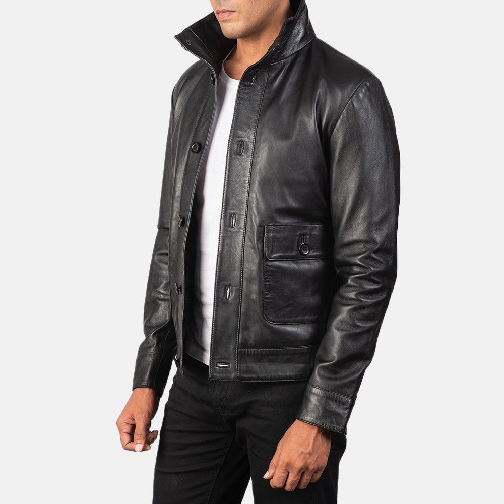Blue Sheepskin Leather Bomber Jacket - Rückansicht mit passgenauen Schultern &amp; sauberem Saum