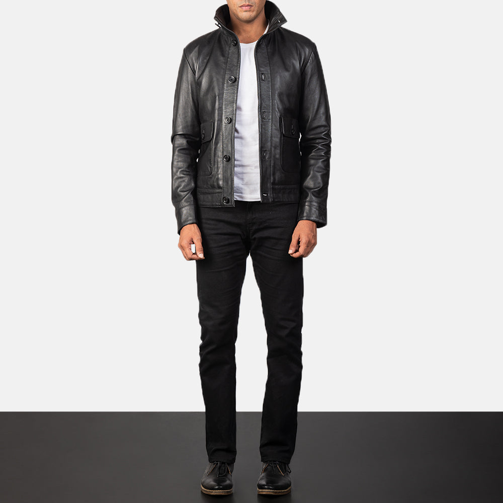 Detailansicht of High-neck Buttoned &amp; Button Hardware on Norman Black Hooded Bomber Leather Puffer Jacket