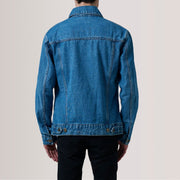 Detailansicht of Classic Collar &amp; Heavy-Duty Zipper Hardware on Conard Blau Denim Trucker Lederjacke für Herren For Men