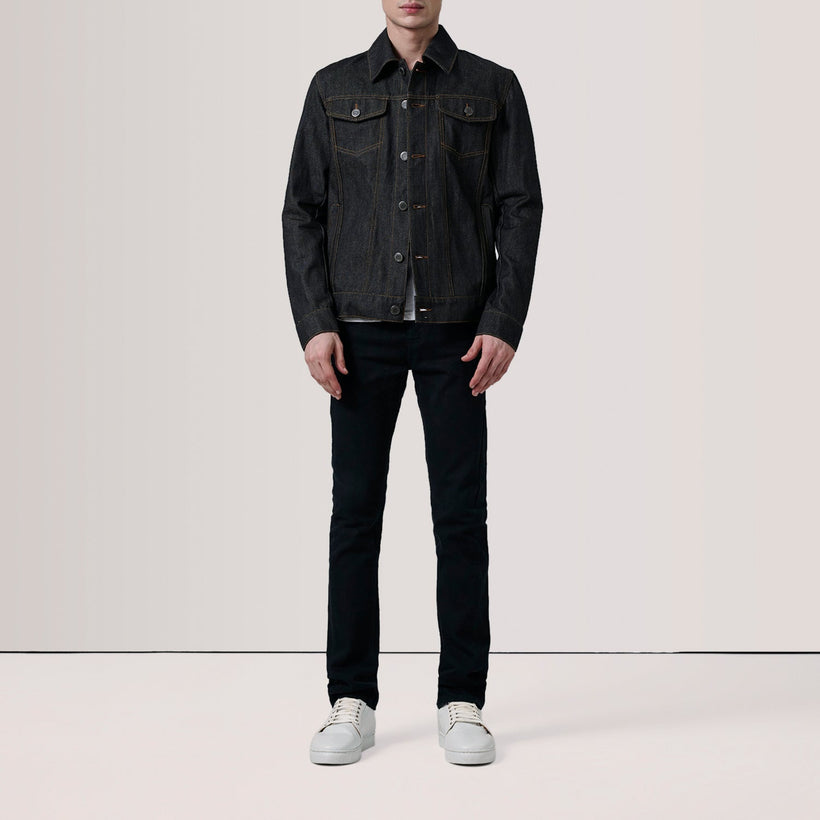 Conard Faded Schwarz Denim Trucker Lederjacke für Herren