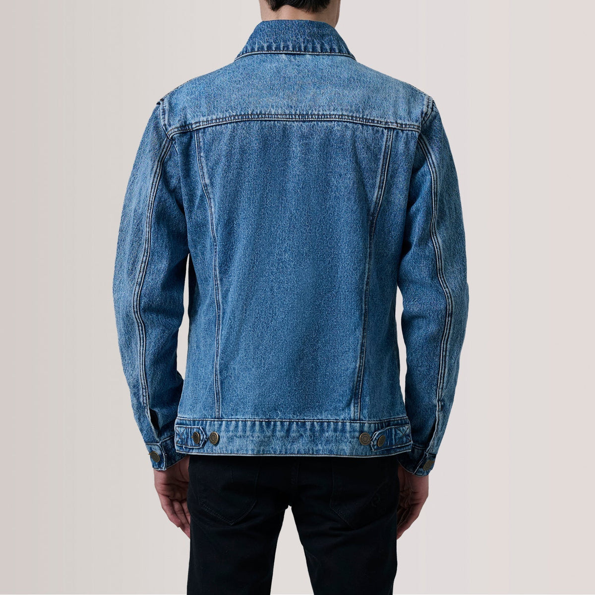 
Detailansicht of Classic Collar & Heavy-Duty Zipper Hardware on Conard Ice Blau Denim Trucker Lederjacke für Herren For Men
