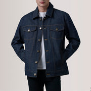 
Conard Ash Grey Denim Trucker Jacket For Men in Indigo Blue Full-Grain Leather - Vorderansicht & maßgeschneiderte Silhouette | Online Kaufen