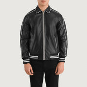Detailansicht of Shirt collar &amp; Zipper Hardware on Cooper Schwarz Leather Varsity Lederjacke für Herren