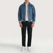 Cooper Blau Leather Varsity Lederjacke für Herren - Seitenansicht mit ergonomischem Ärmelschnitt
