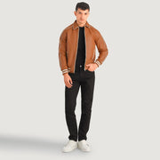 
Cooper Hellbraun Braun Leather Varsity Lederjacke für Herren in Tan Brown Sheepskin Leather - Vorderansicht & maßgeschneiderte Silhouette | Online Kaufen