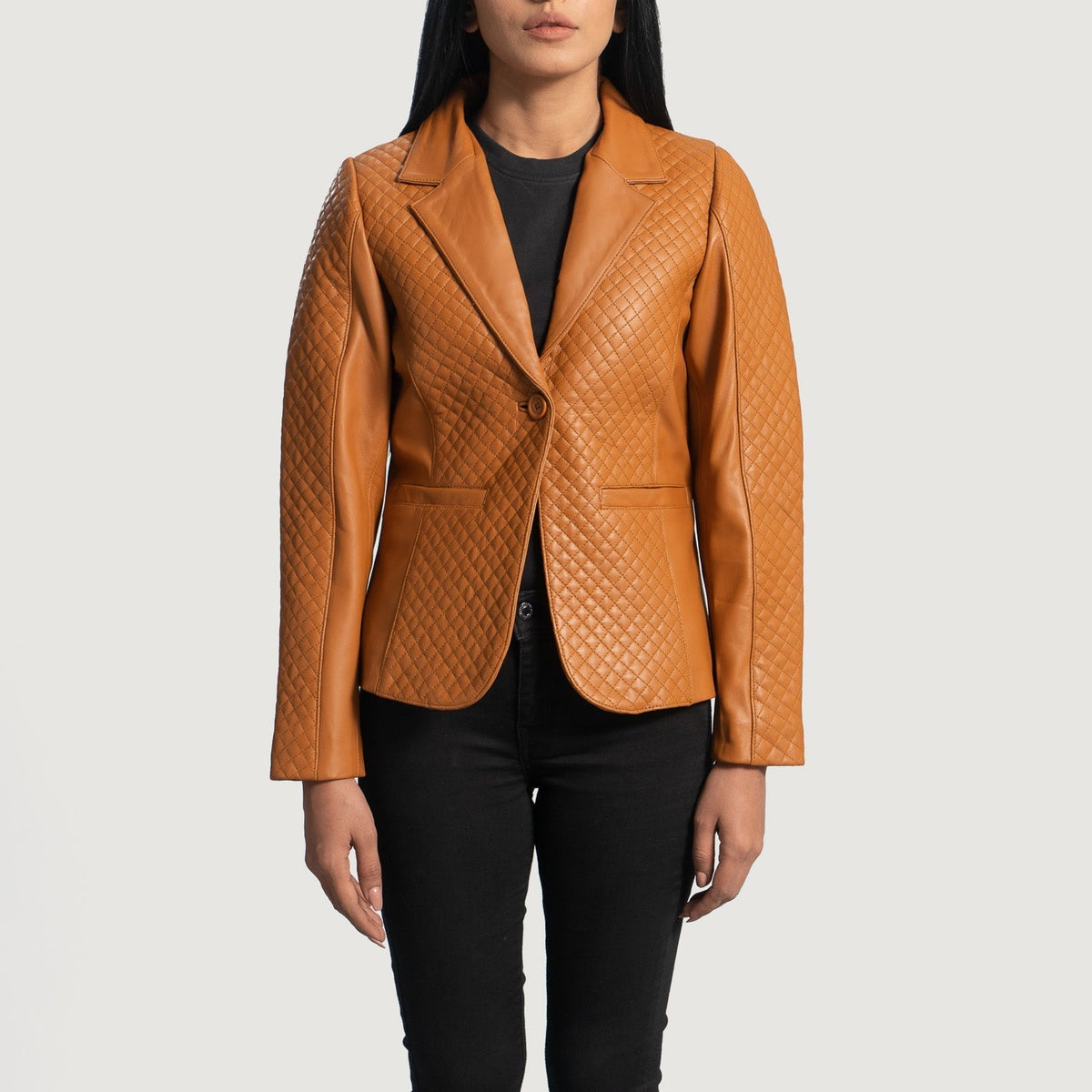 Women's Cora Gesteppt Braun Lederblazer für Damen in Brown Sheepskin Leather - Vorderansicht &amp; maßgeschneiderte Silhouette | Online Kaufen