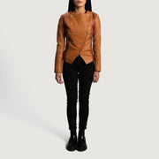Detailansicht of Classic Collar &amp; Button Hardware on Women's County Hellbraun Overlap Lederjacke für Damen