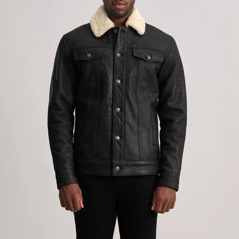 Dallis Vintage-Schwarz Leather Shearling Trucker Lederjacke für Herren