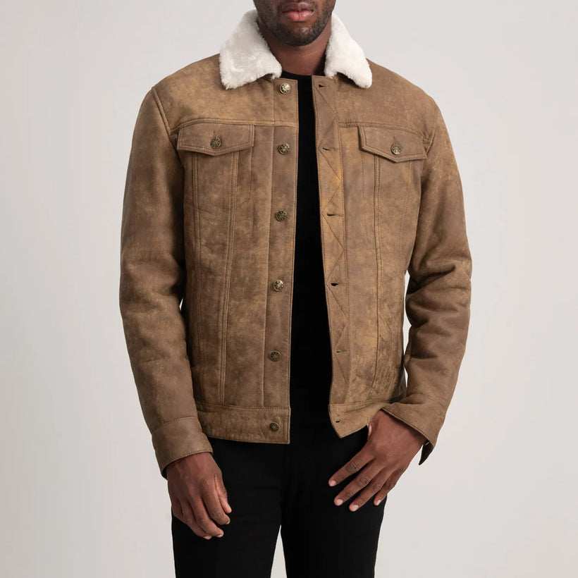 Dallis Vintage-Braun Leather Shearling Trucker Lederjacke für Herren