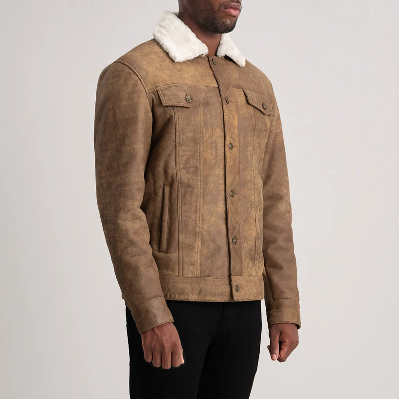 Dallis Vintage-Braun Leather Shearling Trucker Lederjacke für Herren