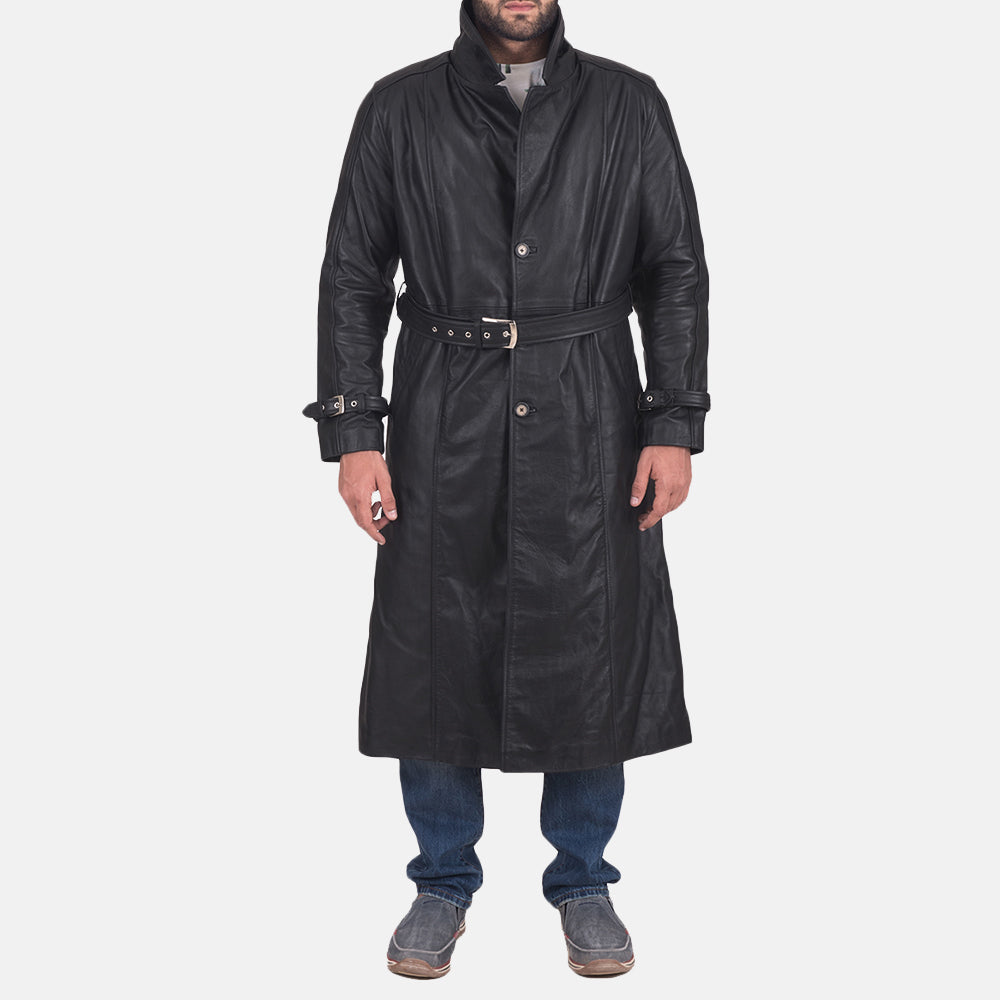 Men's Daniel Schwarz Leder-Trenchcoat für Herren in Black Cowhide Leather - Vorderansicht &amp; maßgeschneiderte Silhouette | Online Kaufen