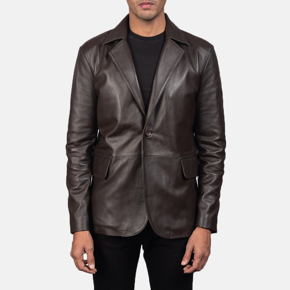 Daron Braun Lederblazer für Herren in Brown Sheepskin Leather - Vorderansicht &amp; maßgeschneiderte Silhouette | Online Kaufen