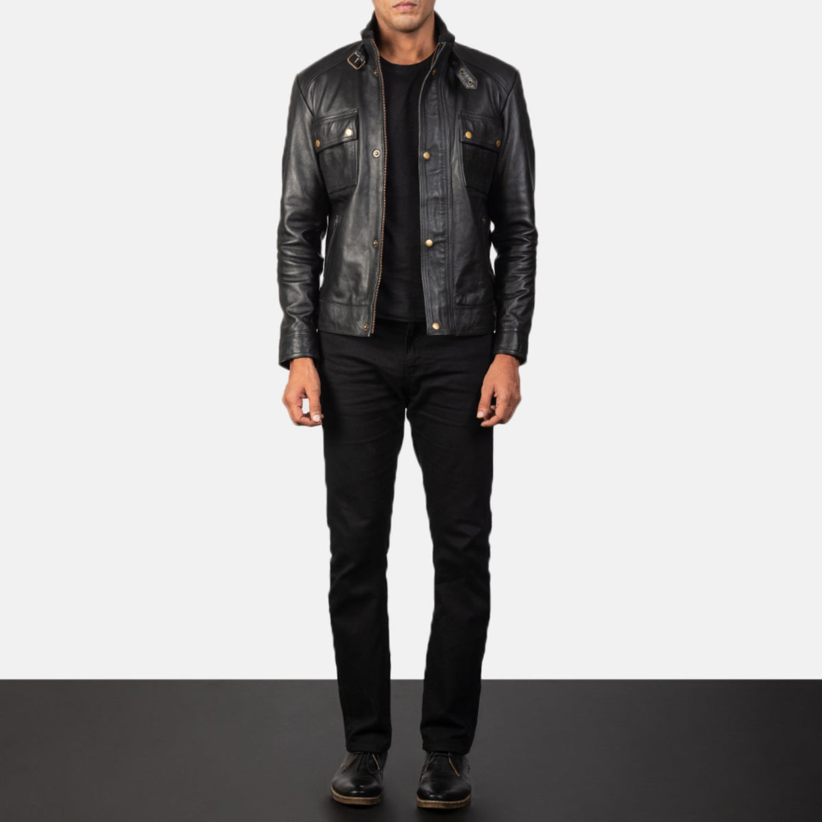 Detailansicht of Classic Collar &amp; Heavy-Duty Zipper Hardware on Men's Darren Black Leather Biker Jacket