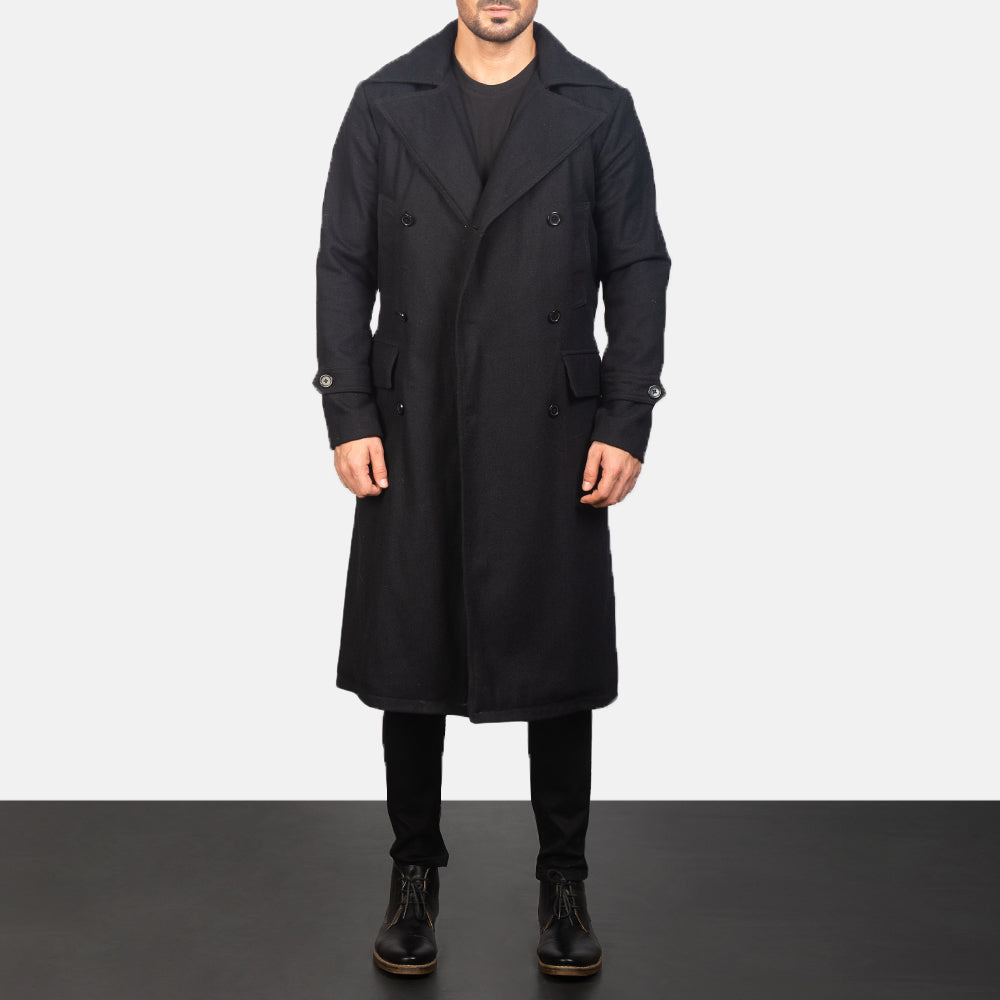 Men's Detective Schwarz Wool Ledermantel für Herren in Black Synthetic Wool - Vorderansicht &amp; maßgeschneiderte Silhouette | Online Kaufen