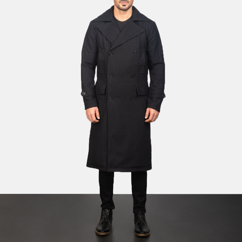 Detailansicht of Notch &amp; Button Hardware on Men's Detective Schwarz Wool Ledermantel für Herren